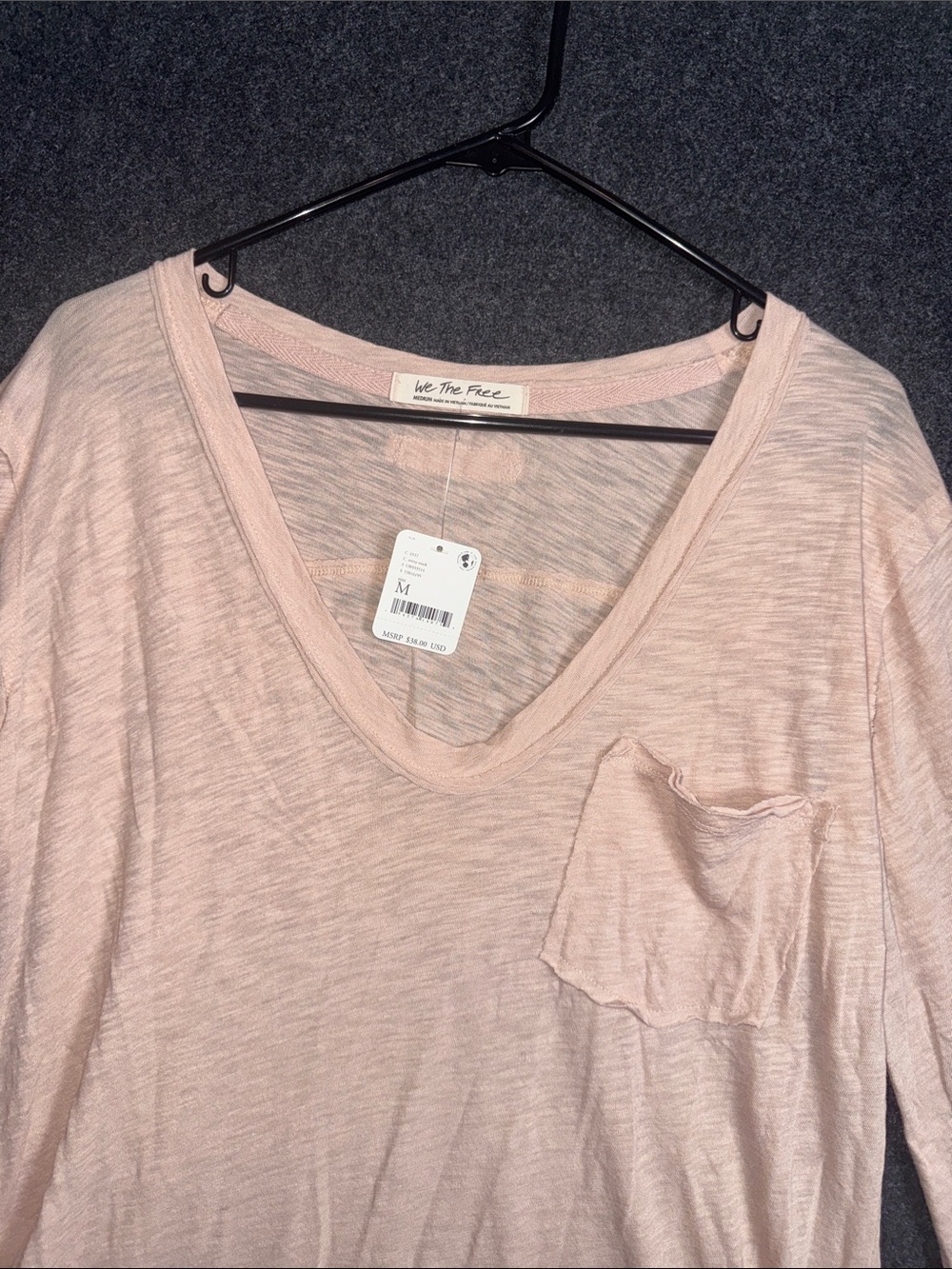 We The Free Pale Pink V-Neck Long Sleeve Pocket Tee